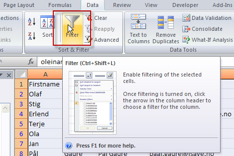 Slette duplikater i Excel: Filter