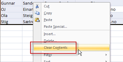 Slette duplikater i Excel: Clear contents