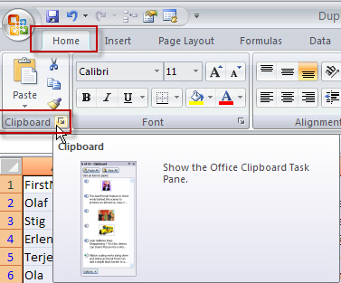 Slette duplikater i Excel: clipboard
